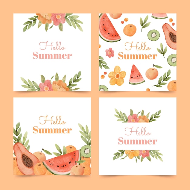 Colección de tarjetas de verano en acuarela pintadas a mano