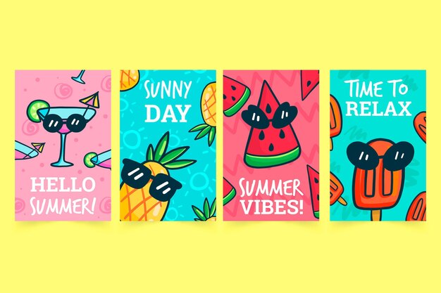 Colección de tarjetas de verano dibujadas a mano