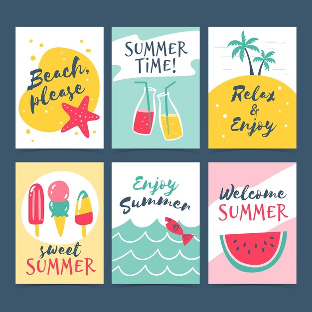 Colección de tarjetas de verano dibujadas a mano