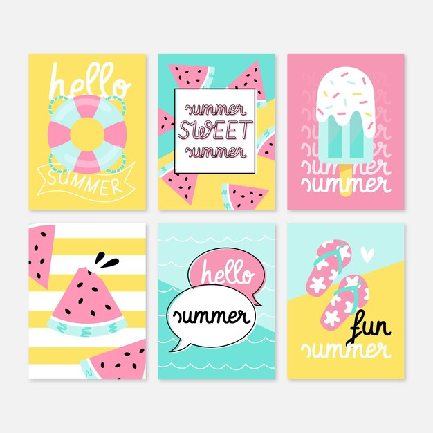 Colección tarjetas de verano dibujadas a mano