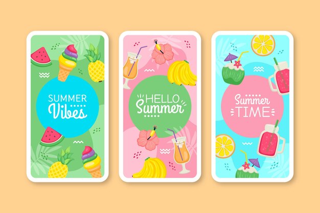 Colección tarjetas de verano dibujadas a mano