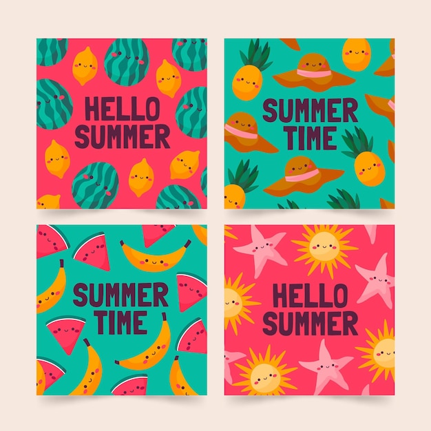 Colección tarjetas de verano dibujadas a mano