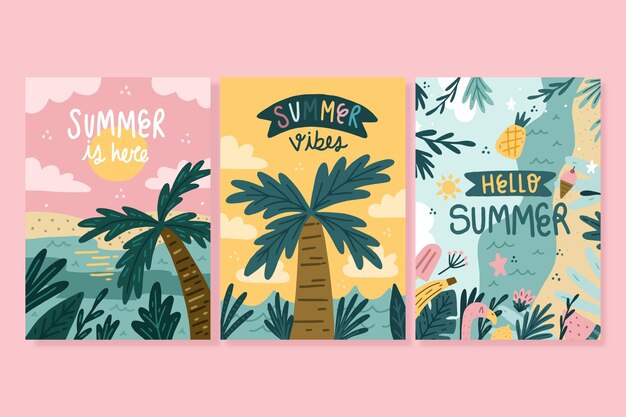 Colección tarjetas de verano dibujadas a mano