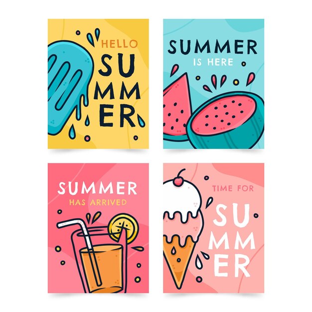 Colección tarjetas de verano dibujadas a mano