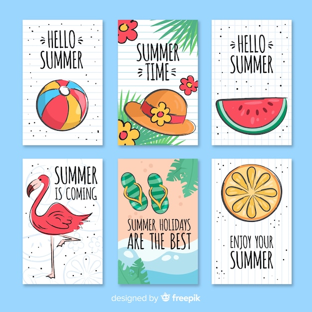 Vector gratuito colección de tarjetas de verano dibujados a mano