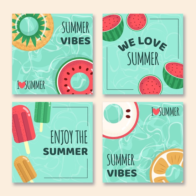 Colección de tarjetas de verano de diseño plano