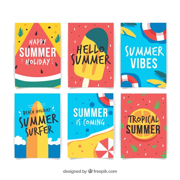 Colección de tarjetas de verano con elementos de playa
