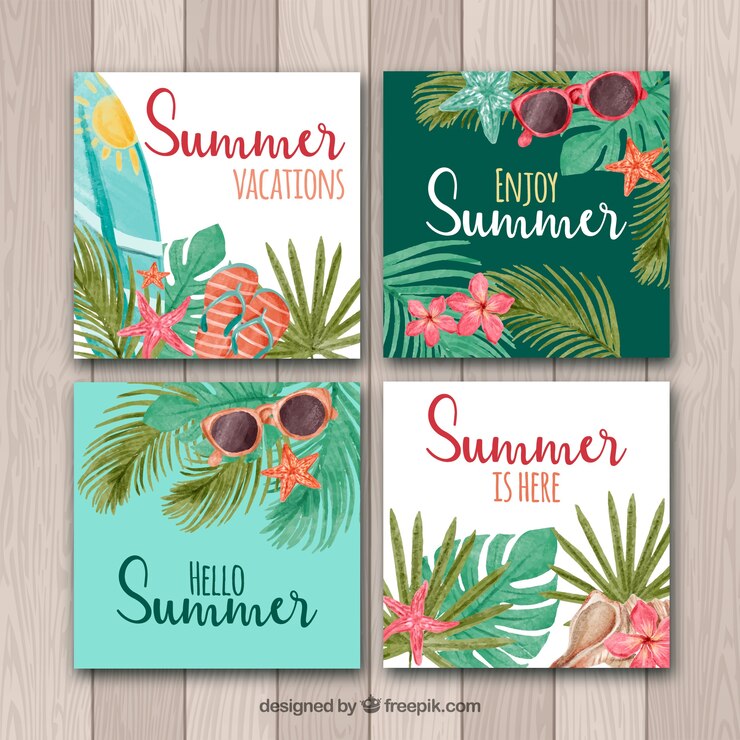 Vector gratuito colección de tarjetas de verano con elementos de playa