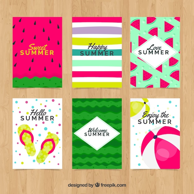 Vector gratuito colección de tarjetas de verano con elementos de playa