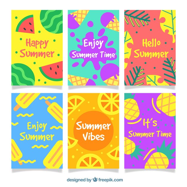 Colección de tarjetas de verano con helados y frutas