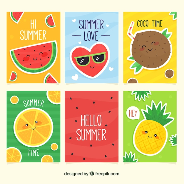 Vector gratuito colección de tarjetas de verano con lindas caricaturas