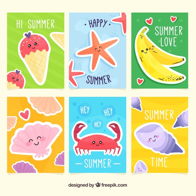 Colección de tarjetas de verano con lindas caricaturas