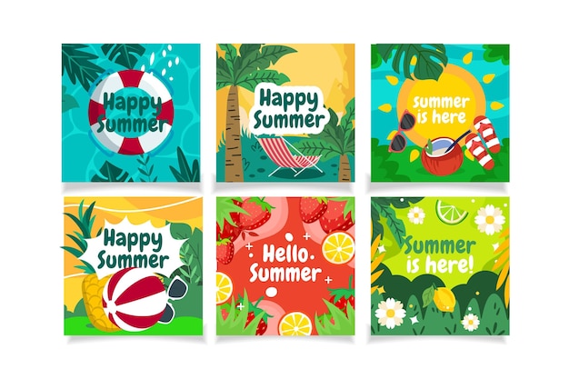 Vector gratuito colección de tarjetas de verano planas