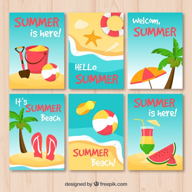Colección de tarjetas de verano con playa
