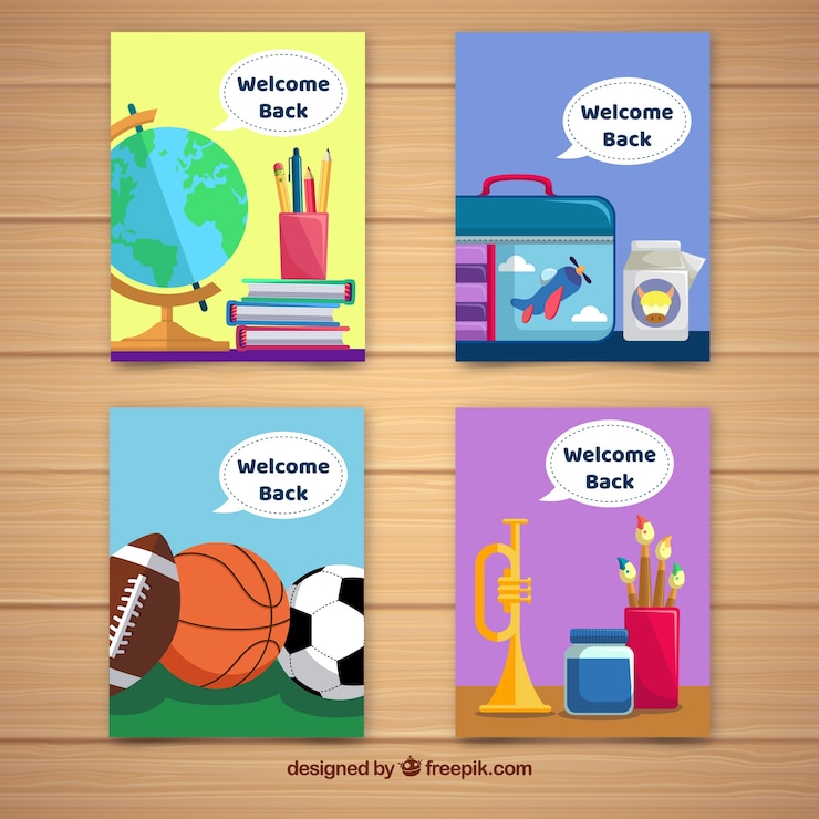 Vector gratuito colección de tarjetas de vuelta al colegio con diseño plano