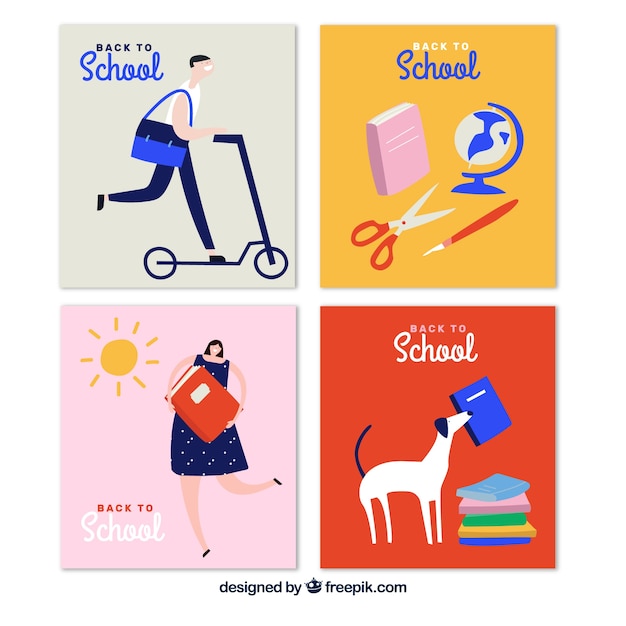 Vector gratuito colección de tarjetas de vuelta al colegio con elementos