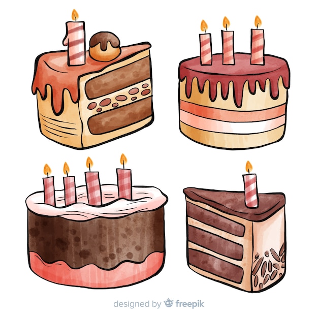 Vector gratuito colección de tartas de cumpleaños en acuarela