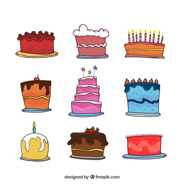 Colección de tartas de cumpleaños deliciosas en estilo hecho a mano