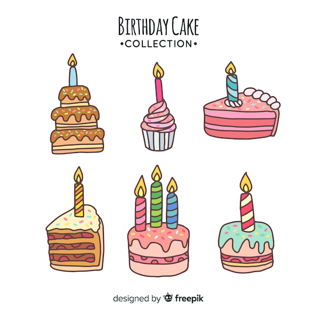 Colección de tartas de cumpleaños dibujadas a mano