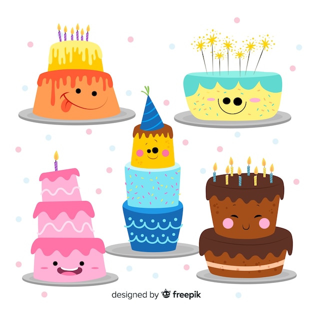 Vector gratuito colección de tartas de cumpleaños de dibujo animado