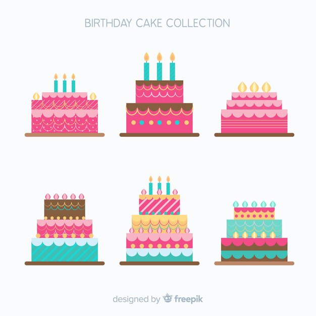 Colección de tartas de cumpleaños en diseño plano