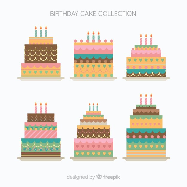 Colección de tartas de cumpleaños en diseño plano