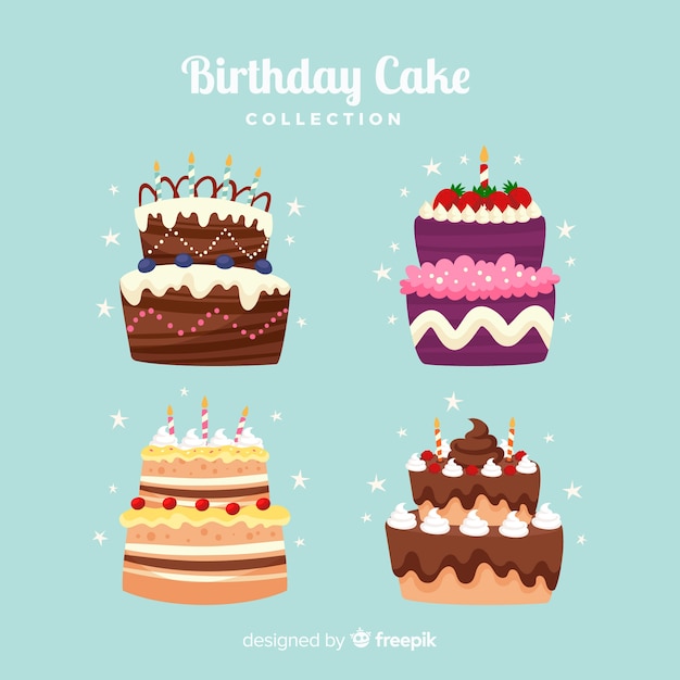 Colección de tartas de cumpleaños en diseño plano