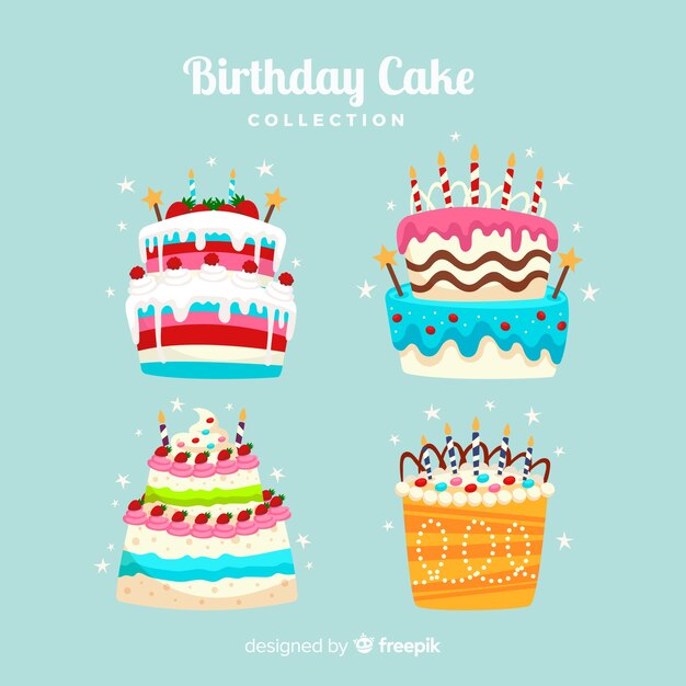 Colección de tartas de cumpleaños en diseño plano