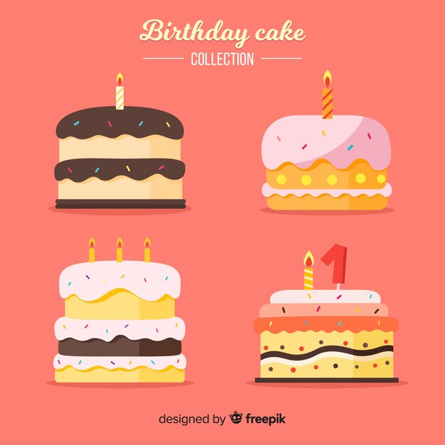 Colección de tartas de cumpleaños en diseño plano
