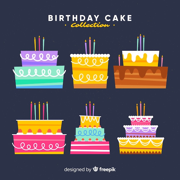 Colección de tartas de cumpleaños en diseño plano