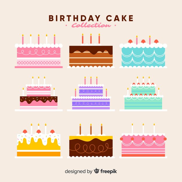 Colección de tartas de cumpleaños en diseño plano