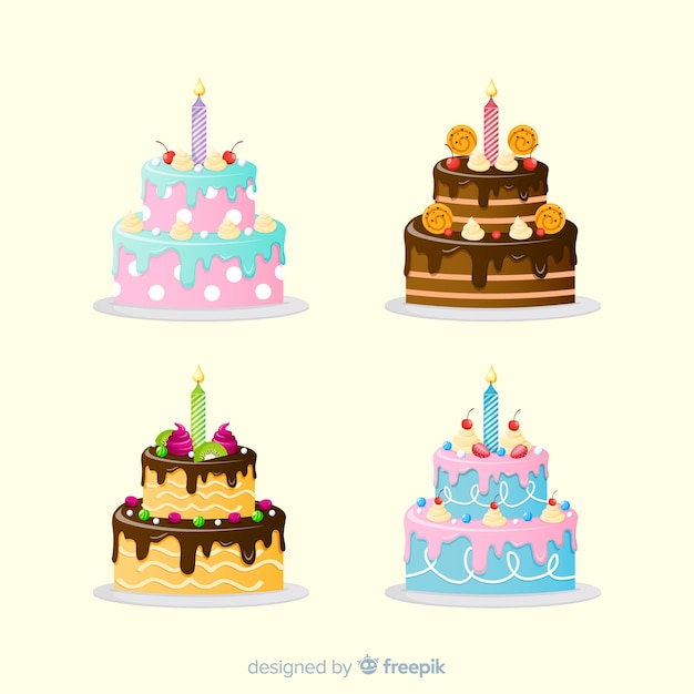 Colección de tartas de cumpleaños en diseño plano