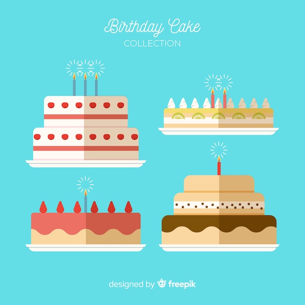 Vector gratuito colección tartas de cumpleaños en diseño plano