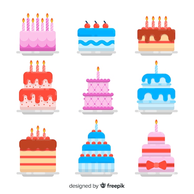 Colección tartas de cumpleaños en diseño plano
