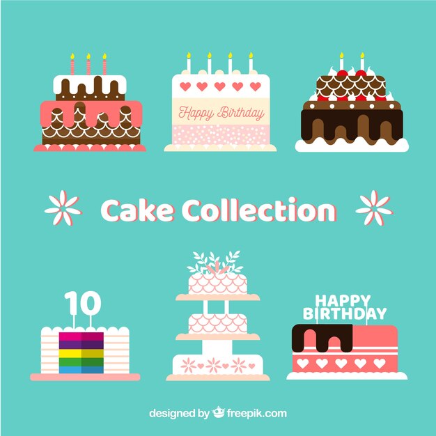 Colección de tartas de cumpleaños en estilo plano