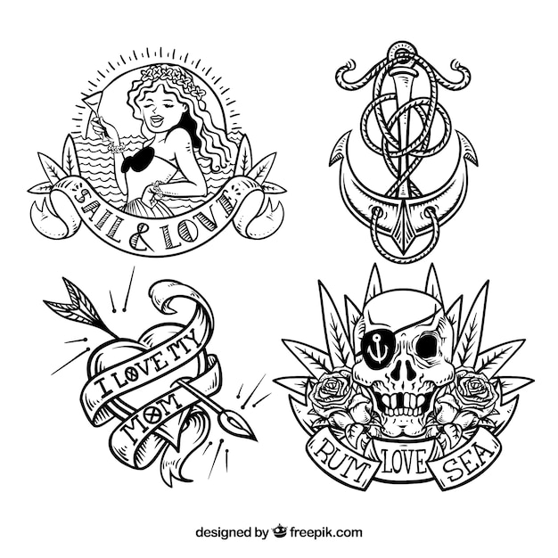 Colección de tatuajes marineros dibujados a mano