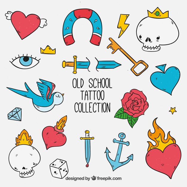 Colección de tatuajes old school divertidos dibujados a mano