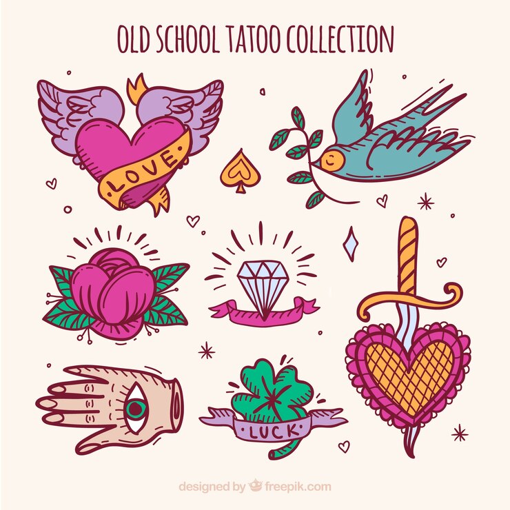 Vector gratuito colección de tatuajes retro pintados a mano