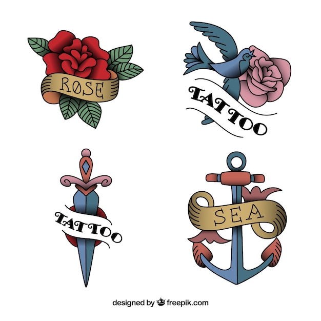 Colección de tatuajes vintage con diseño plano