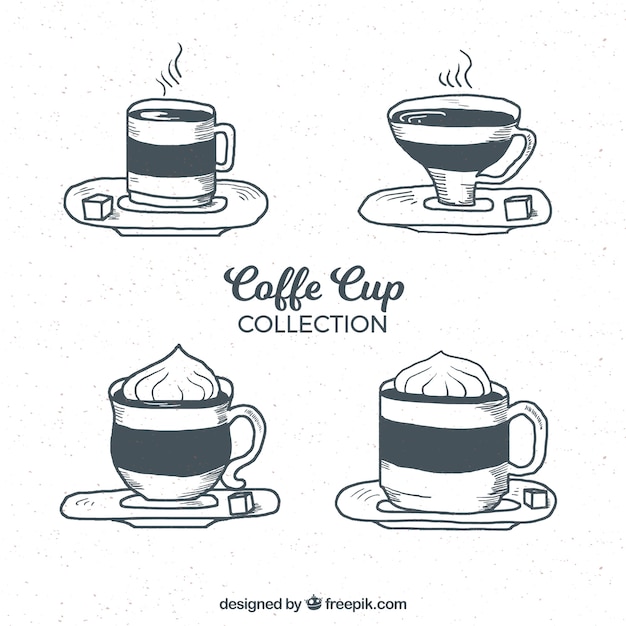 Colección de tazas de café dibujados a mano blanco y negro