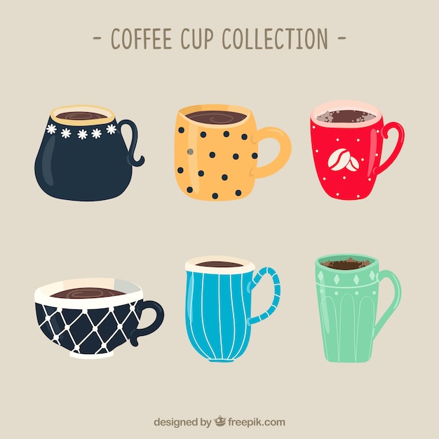 Colección de tazas de café dibujados a mano en diferentes colores