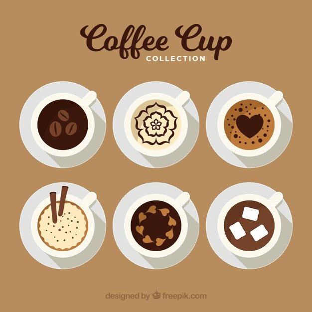 Colección de tazas de café planas con vista superior