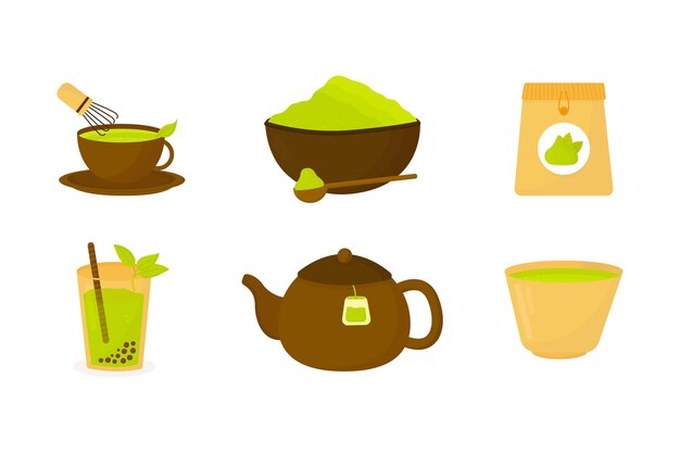 Colección de té matcha en polvo y líquido