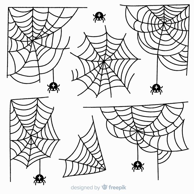 Colección de telas de araña dibujada a mano sobre un fondo blanco