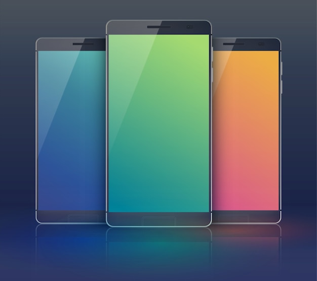 Vector gratuito colección de teléfonos inteligentes de tres piezas en el campo negro con teléfonos celulares modernos idénticos pero con pantallas táctiles en blanco digital de color azul, verde y naranja
