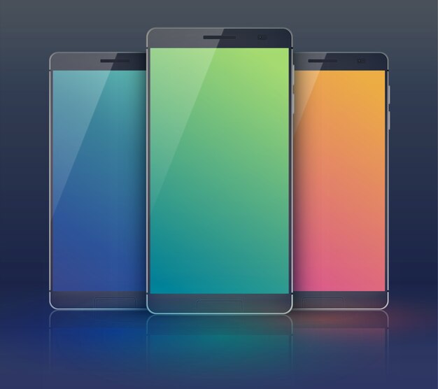 Colección de teléfonos inteligentes de tres piezas en el campo negro con teléfonos celulares modernos idénticos pero con pantallas táctiles en blanco digital de color azul, verde y naranja