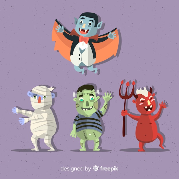 Colección terrorífica de personajes de halloween con diseño plano