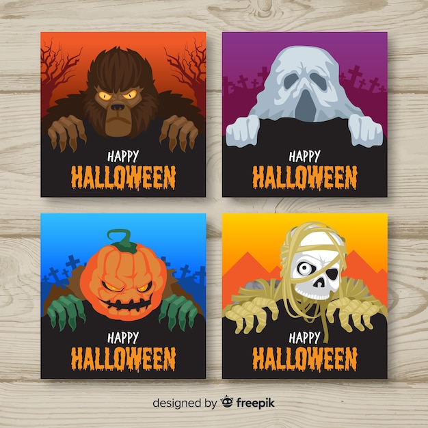 Colección terrorífica de tarjetas de halloween con diseño plano