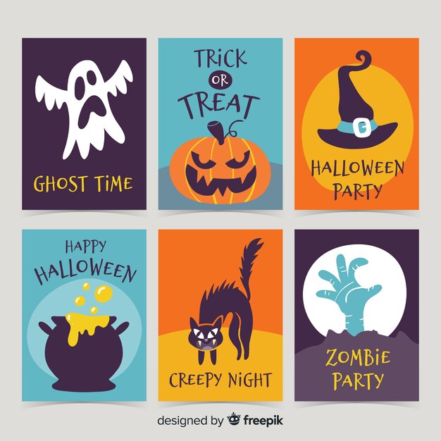 Colección terrorífica de tarjetas de halloween con diseño plano