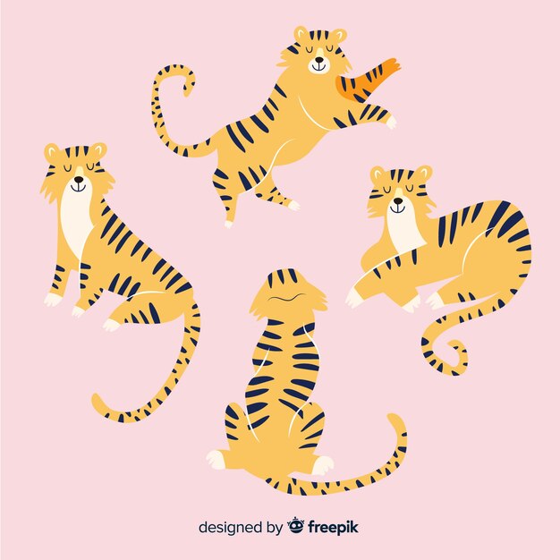Colección de tigres dibujados a mano.